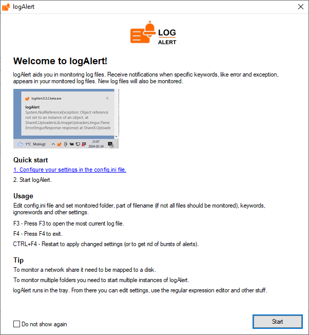 Log Alert splash screen
